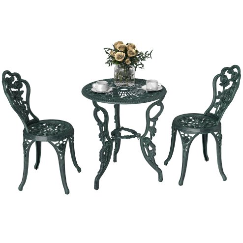 Outsunny Garden Bistro Set with Umbrella Hole, 3 Piece Cast Aluminium Garden Furniture Set, Antique Floral Round Coffee Table and Chairs, Small Balcony Furniture for Outdoor, Patio, Green