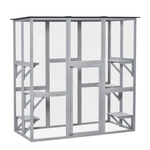 PawHut Large Outdoor Cat House, Walk-in Cat Enclosure, Wooden Catio with 6 Jumping Platforms, Waterproof Asphalt Roof Image