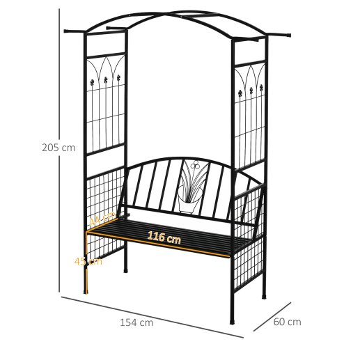 Outsunny Metal Garden Bench with Arch Arbour, Outdoor Patio Loveseat Bench Seat with Rose Trellis Pergola Climbing Plant Archway Tubular - 154L x 60W x 205Hcm