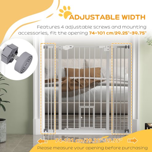 PawHut Extra Tall Dog Gate with Cat Flap, Pet Safety Gate for Doorways Stairs with Auto Close Double Locking, 104 cm Tall 74-101 cm Wide, White