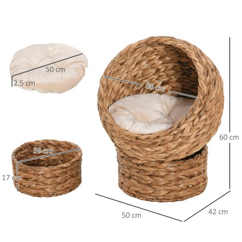 PawHut Woven Banana Leaf Elevated Cat Bed Wicker Kitten Basket Pet Den. House Cosy Cave with Soft Cushion Dome 50x42x60cm Brown