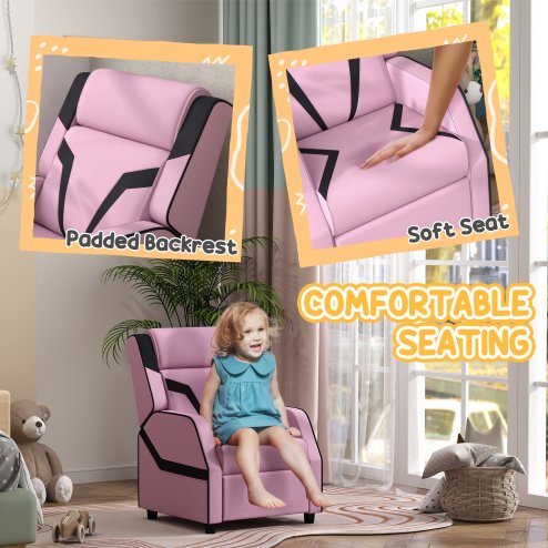 AIYAPLAY Kids Recliner, 2 in 1 Toddler Gaming Recliner with Backrest, Armrest, Footrest, PU Leather Lounge Armchair for Playroom, Bedroom, Kids Room, Pink