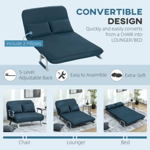HOMCOM 2 Seater Sofa Bed, Click Clack Convertible Bed Settee, Modern Velvet Feel Fabric Sofa with 2 Cushions for Living Room, Bedroom, Guest Room, Navy Blue
