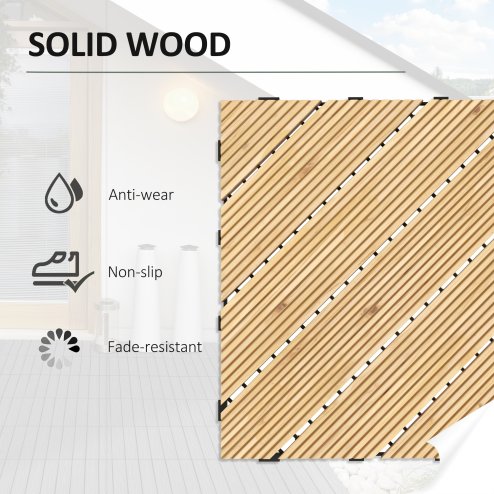 Outsunny 9 Pcs Wooden Interlocking Decking Tiles, 30 x 30 cm Anti-slip Outdoor Flooring Tiles, 0.81m² per Pack, All Weather Use for Patio, Balcony, Terrace, Hot Tub, Yellow