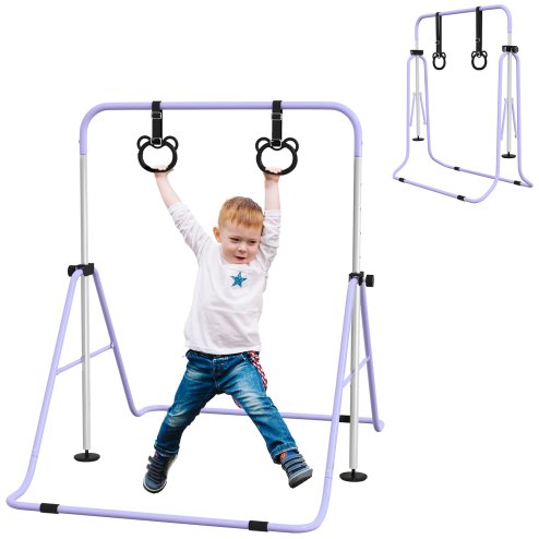HOMCOM Kids Gymnastics Bar, Horizontal Bar for Kids, Adjustable Height Folding Gymnastics Equipment with Gymnastic Rings, Non-slip Rubber Floor Rings, for Home, Flat, Purple