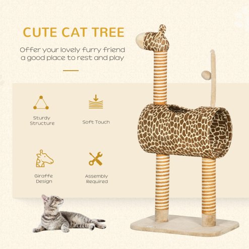 PawHut Cat Tree for Indoor Cats Cute Giraffe Kitten Play Tower w/ Scratching Posts, Tunnel, Toy Ball, 48.5 x 34.5 x 101cm - Beige