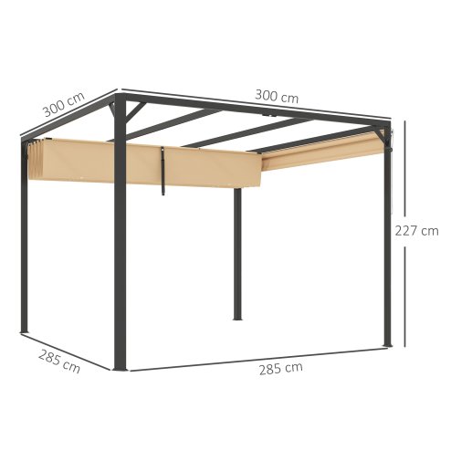 Outsunny 3 x 3(m) Garden Pergola with Retractable Roof Canopy, Aluminium Pergola Kit Gazebo with Roller Shade, UPF30+ Sun Shade Shelter for Porch, Khaki