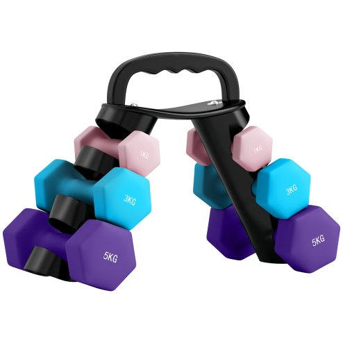 SPORTNOW Dumbbells Set with Carry Storage Rack, Set of 6 Weights for Home Gym, Kettlebell Training Weight Lifting Exercise, 2 x 1kg, 2 x 3kg, 2 x 5kg