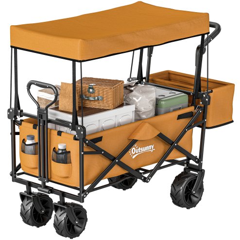 Outsunny 120L Festival Trolley on Wheels, Folding Camping Trolley Cart with Removable Canopy, All-Terrain Wheels, Adjustable Handle and Side Pockets for Garden Beach Fishing Shopping, Orange Image