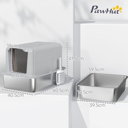 PawHut Stainless Steel Cat Litter Box, Extra Large Metal Cat Litter Tray with Lid, Scoop, Filter Bags, Grey