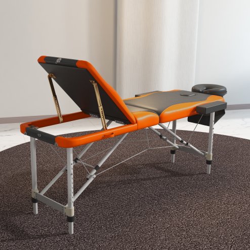 HOMCOM Foldable Massage Bed Portable Table, 3-Section Aluminium Foldable Beauty Couch, Professional Salon Spa Table with Headrest Support and Carry Bag, 60 cm Width, Black and Orange