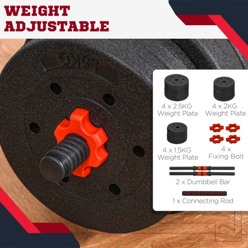 HOMCOM 25kg 2 IN 1 Adjustable Dumbbells Weight Set, Dumbbell Hand Weight Barbell for Body Fitness, Lifting Training for Home, Office, Gym, Black