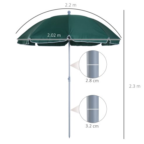 Outsunny 2.2m Beach Umbrella, Portable Parasol with Tilting Function, Outdoor Sunshade Shelter with 8 Ribs for Garden, Pool and Patio, Green