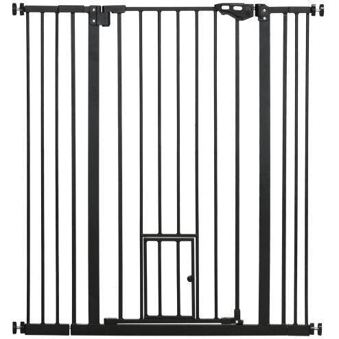 PawHut Extra Tall Dog Gate with Cat Flap, Pet Safety Gate for Doorways Stairs with Auto Close Double Locking, 104 cm Tall 74-101 cm Wide, Black
