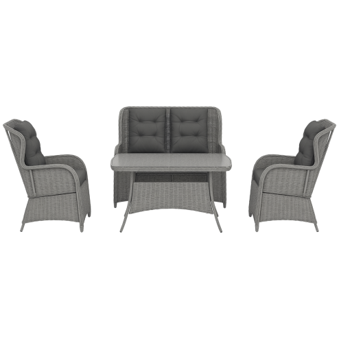 Outsunny Garden PE Rattan Dining Sofa Set, Outdoor 4 Seater Wicker Furniture, High Back Chairs with Cushions, Tempered Glass Coffee Table for Patio, Light Grey