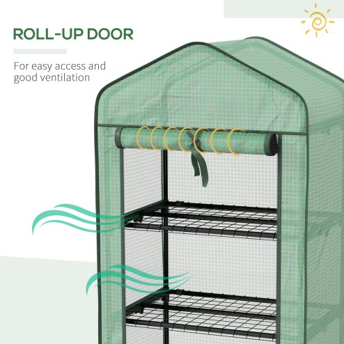 Outsunny 3 Tier Mini Greenhouse with Reinforced PE Cover and Wheels, Portable Small Greenhouse with Roll-up Door and Wire Shelves, 130H x 69W x 49D cm, Green