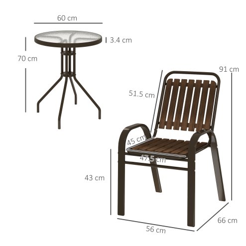 Outsunny 3 Pieces Patio Bistro Set, Garden Furniture Set with Stackable Chairs, Tempered Glass Table, Rust Resistant for Outdoor, Balcony, Patio, Garden, Dark Brown
