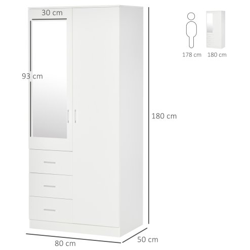 HOMCOM Modern Mirror Wardrobe 2 Door Storage Cupboards Home Storage Organisation Furniture with Adjustable Shelf, Hanging Rail and 3 Drawers, 180cm, White