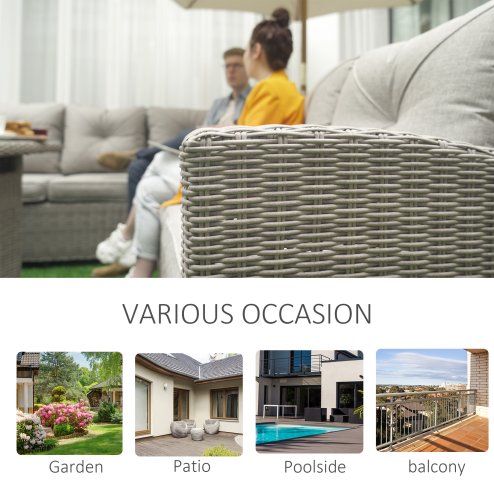 Outsunny Rattan Garden Furniture with Fire Pit and Waterproof Cover, 8 Seater Garden Corner Sofa Set with 11.8 KW Fire Pit Table, Ottomans and Olefin Cushions, Outdoor Conservatory Furniture, Grey