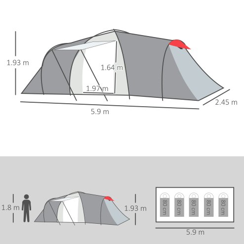 Outsunny 4-6 Man Tunnel Tent with 2 Bedroom, Living Area and Vestibule, Large Camping Tent, 2000mm Waterproof, UV50+, Portable with Bag, for Fishing Hiking Festival, Grey and Red