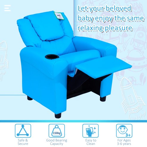 HOMCOM Kids Recliner, PU Leather Kids Armchair, Child Chair, Toddler Armchair with Adjustable Backrest, Footrest, Padded Headrest, Cup Holder, Blue