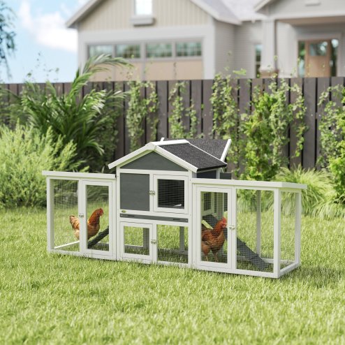 PawHut Large Chicken Coop with Run Garden Hen House Poultry Coops Cages with Nesting Box Wooden 204 x 85 x 93cm, Grey