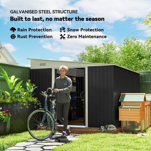 Outsunny 11.3 x 9.2ft Lean to Metal Garden Shed, Outdoor Galvanised Tool Storage House with Double Sliding Doors and 2 Air Vents, Black