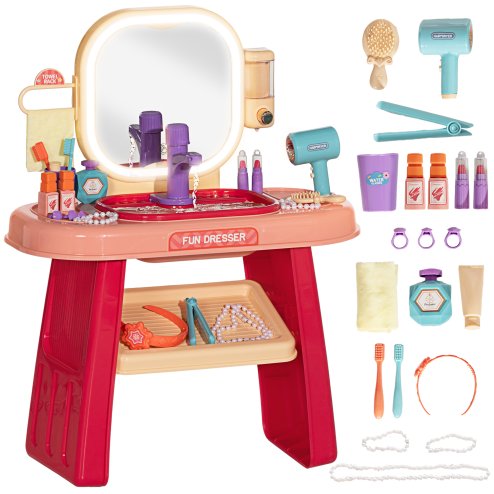 AIYAPLAY Kids Dressing Table, Kids Vanity Table with Mirror LED Light, Music, 23 Accessories, for 3-6 Years - Pink Image