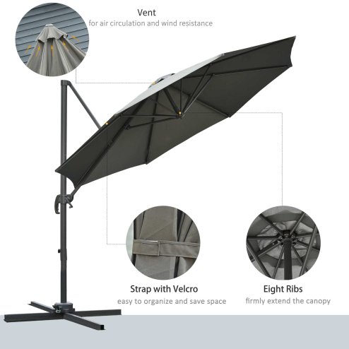 Outsunny 3(m) Patio Offset Parasol Roma Umbrella Cantilever Hanging Sun Shade Canopy Shelter Tilt 360 Rotation with Aluminium Frame Hand Crank Cross Base, Dark Grey