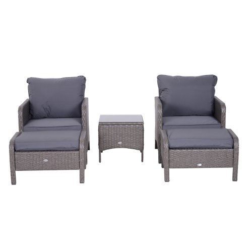 Outsunny 5 Pieces PE Rattan Garden Furniture Set with 10cm Thick Padded Cushions, Wicker Weave Outdoor Seating Chairs with 2 Armchairs, 2 Stools, Glass Top Table, Grey