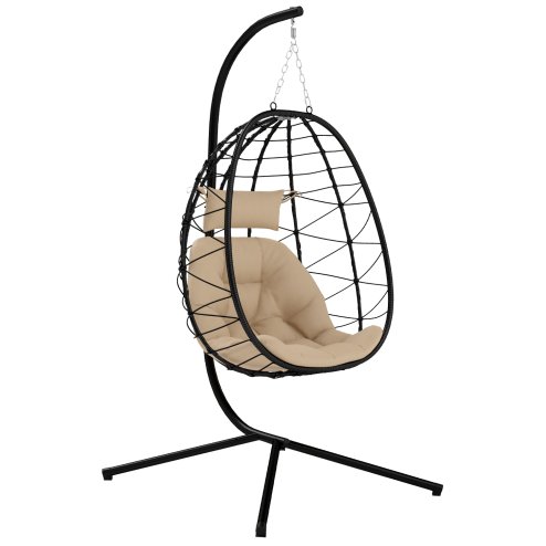 Outsunny Hanging Egg Chair Outdoor Indoor Garden Swing Chair with Folding Basket, Thickened Cushion, Garden Hanging Chair with Stand, Headrest for Patio, Balcony, Khaki Image
