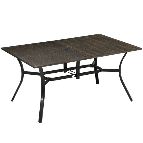 Outsunny Garden Table with Parasol Hole, Outdoor Garden Dining Table with Wood Grain Tabletop and Steel Frame for Patio, Deck, Balcony, Brown, 150 x 96 x 73cm
