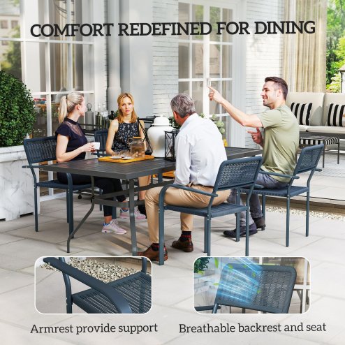 Outsunny Garden Chairs Set of 4, Stackable Rattan Effect Dining Chairs with Armrest, Weather Resistant and Lightweight Outdoor Furniture Armchairs for Patio, Balcony, Terrace, Dark Grey