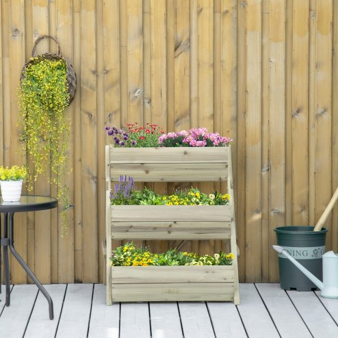 Outsunny 3 Tier 66L Raised Garden Bed Wooden Elevated Planter Box Kit for Flower, Vegetable, Herb, 65 x 75 x 76cm, Green