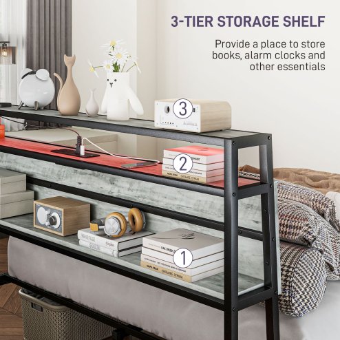 HOMCOM 5ft King Size Bed Frame with LED Lights and Charging Station, Platform Bed Frame with Storage Headboard, Steel Slat Support, No Box Spring Needed, Easy Assembly, Cement Grey