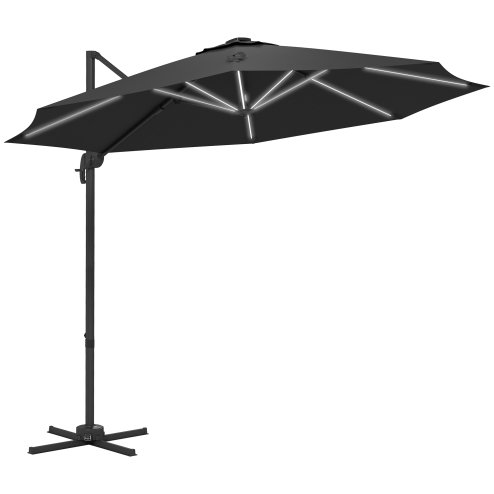 Outsunny 3(m) Cantilever Roma Parasol Adjustable Garden Sun Umbrella with LED Solar Light, Aluminium Frame, Tilt & Crank, UV50+, Cross Base Rotating Outdoor- Dark Grey