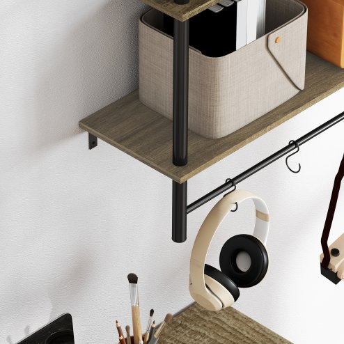 HOMCOM Floating Shelves, 80CM Wall Mounted Shelf with 4 Hooks, Rustic Wood Display Shelf for Living Room, Entryway, Bedroom, Grey