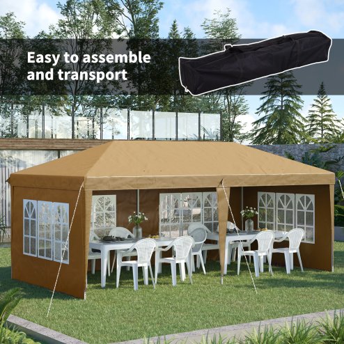 Outsunny 3 x 6m Garden Pop Up Gazebo, Height Adjustable Marquee Party Tent with Sidewalls, Storage Bag, Khaki