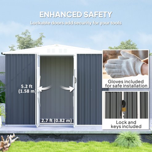 Outsunny 8 x 4 ft Metal Garden Shed, Garden Storage Shed with Window, 4 Vents and Lockable Door, Waterproof Galvanised Steel Tool Storage Shed, Dark Grey