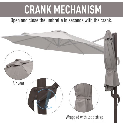 Outsunny 3M Cantilever Parasol, Hanging Garden Umbrella Sun Shade with 360 Rotation, Aluminium Frame, Cross Base, Hand Crank, Grey