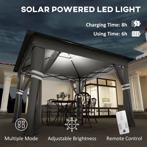 Outsunny 3 x 3(m) Pop Up Gazebo with Sides, 20 Solar-Powered LED Lights, Netting, Roller Bag, 4 Weight Bags, Marquee Party Tent, Height Adjustable Instant Event Shelter, Grey