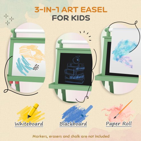 AIYAPLAY Art Easel for Kids with Paper Roll, 3 in 1 Kids Easel Double-Sided Magnetic Whiteboard and Chalkboard with Storage Baskets, for Children 3-6 Years - Green