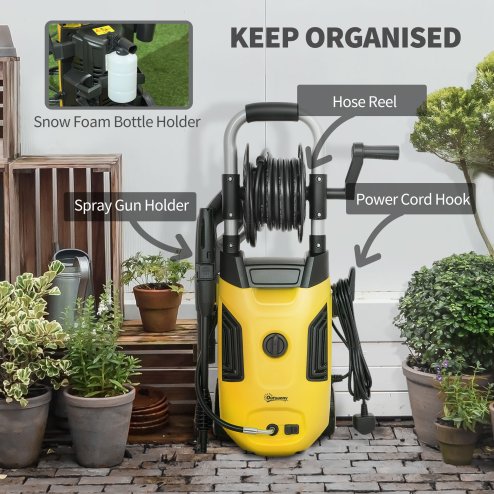 Outsunny 1800W High Pressure Washer, 150 Bar Pressure, 420 L/h Flow, Portable Power Washer Jet Wash Cleaner with Adjustable Nozzle, 6M Hose, Hose Reel, Steel Handle for Home Patio Car Driveway, Yellow