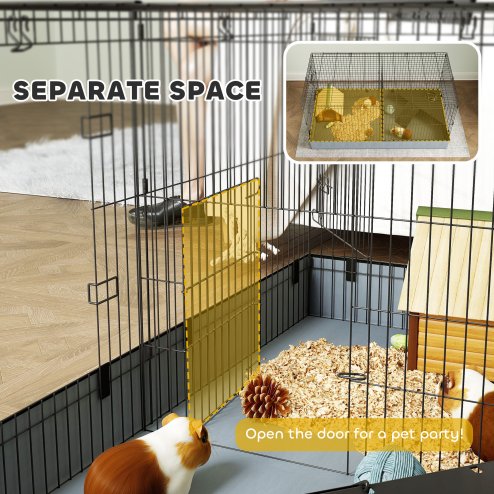 PawHut Guinea Pig Cage, 2 in 1 Rabbit Cage Pet Playpen with Removable Top, 2 Separate Area, Waterproof Oxford Fabric Floor, Perch, Ramp, Small Animal Cage for Guinea Pigs, Bunnies, Hedgehogs, Black