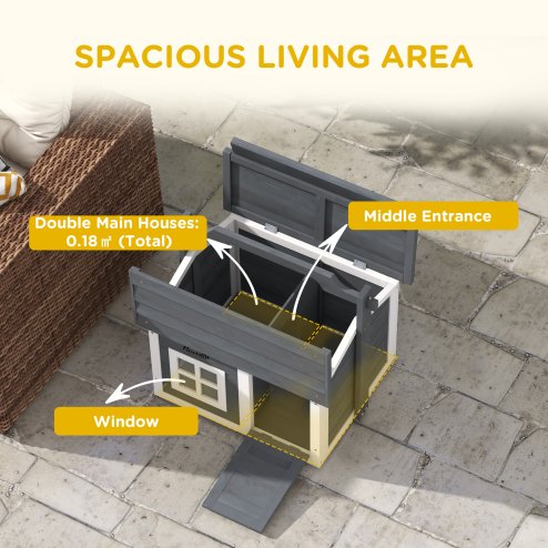 PawHut Rabbit Hutch Cat House Puppy House Guinea Pig Hutch Small Animal House Portable Wooden Indoor Outdoor with 2 Rooms Top Handle, Openable Roof - Grey