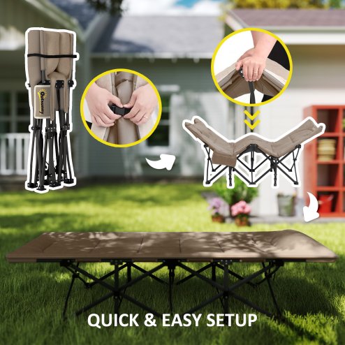 Outsunny Folding Camping Bed for Adults with Cushion, Heavy Duty Portable Travel Camping Cot with Headrest, Side Pocket and Non-Slip Foot Pads for Outdoor Beach Travel Office, Khaki