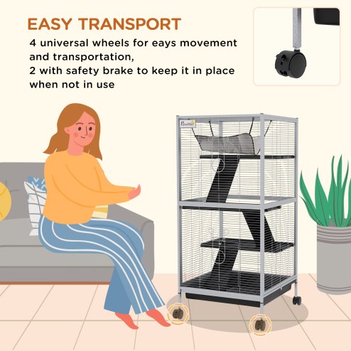 PawHut Small Animal Cage with Wheels Pet Home for Chinchillas Ferrets Kittens, with Hammock, 4 Platforms, Removable Tray, Light Grey