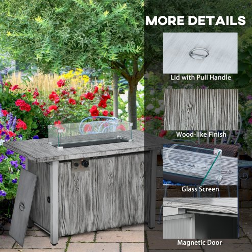 Outsunny Propane Gas Fire Pit Table for Garden, 50000 BTU Smokeless Firepit Outdoor Patio Heater with Waterproof Cover, Glass Screen, Glass Beads and Lid, Wood Effect, 109 x 56 x 63cm, Grey