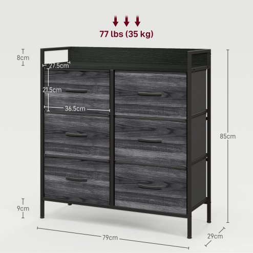 HOMCOM Bedroom Chest of Drawers, Fabric Dresser with 6 Drawers, Storage Organiser Unit with Open Shelf and Metal Frame for Living Room, Entryway
