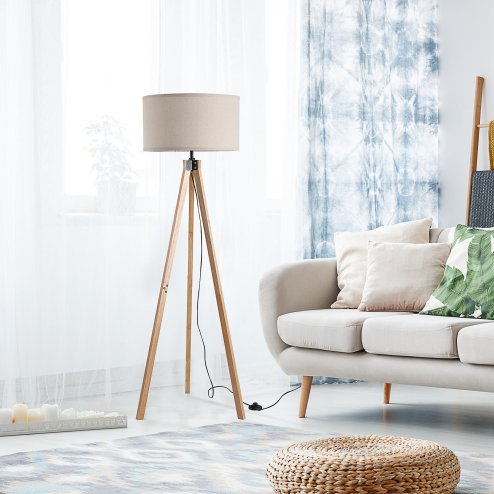 HOMCOM Floor Lamp with Elegant Wood Tripod, Free Standing E27 Bulb Lamp Versatile Use For Home Office - Beige Image
